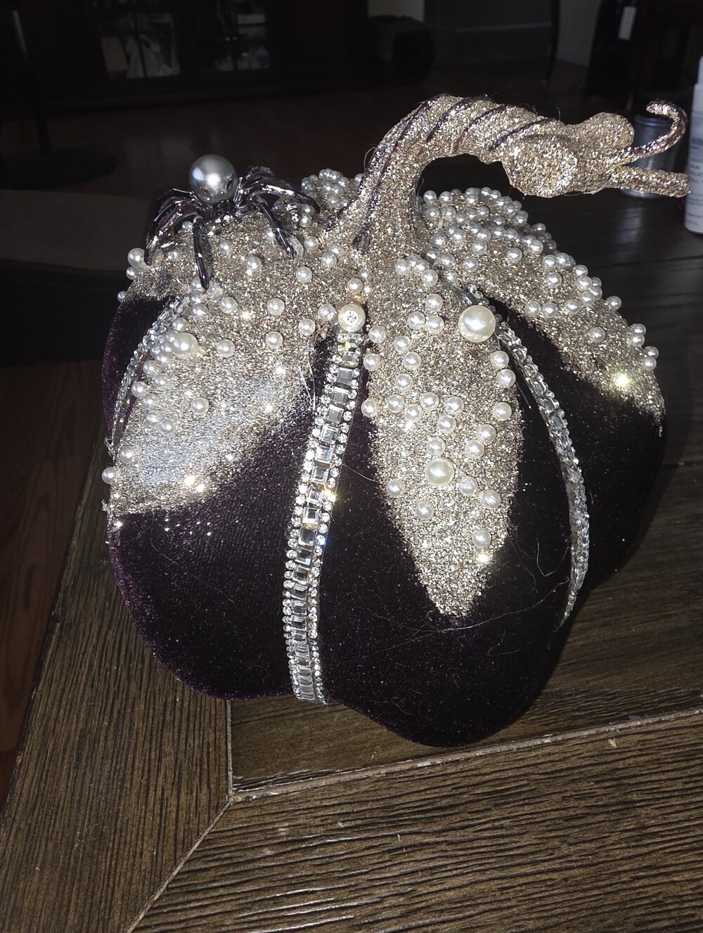 Pearl Beaded Velvet Pumpkin  - Purple With Pearls And A Black Widow Spider